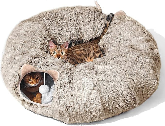 Cat Tunnel with Cat Bed for Indoor Cats, Soft Plush Peekaboo Cat Cave Donut Tunnel, Multifunctional Cat Playground Toys Hideplace for Small Medium Large Cats, Kittens, Rabbit, Ferret, Brown