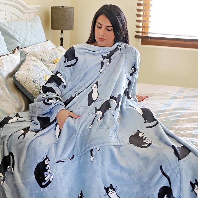 Solaris Wearable Cat Pattern Blanket with Sleeves, Super Soft Warm Snuggy Body TV Throw Blanket for Home Office Lounge, Cat Gift for Adult Women Men