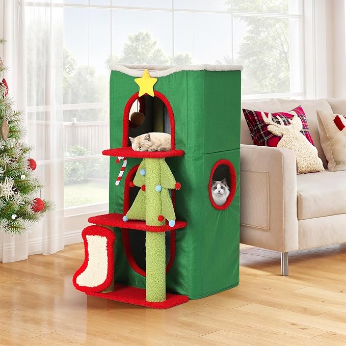 YITAHOME Christmas 3-Tier Cat House, Indoor Cat Cave Bed Playhouse, Covered Cat Beds & Furniture with Scratch Pad and Hideaway Cave,Christmas Cute Modern Cat Condo Furniture for Multi Small Cats