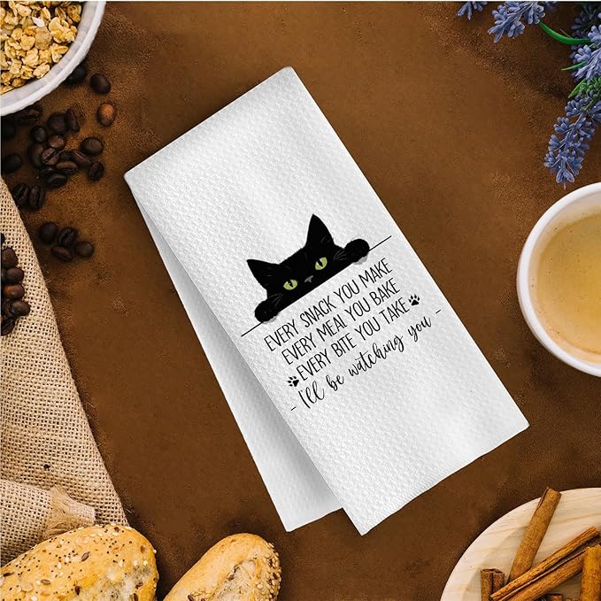 Black Cat Kitchen Towels - Black Cat Decorative Waffle Weave Dish Towels, Black Cat Gifts Hand Tea Towels, Cat Towels for Cat Lovers, Cat Mom Gifts, 16x24 Inch
