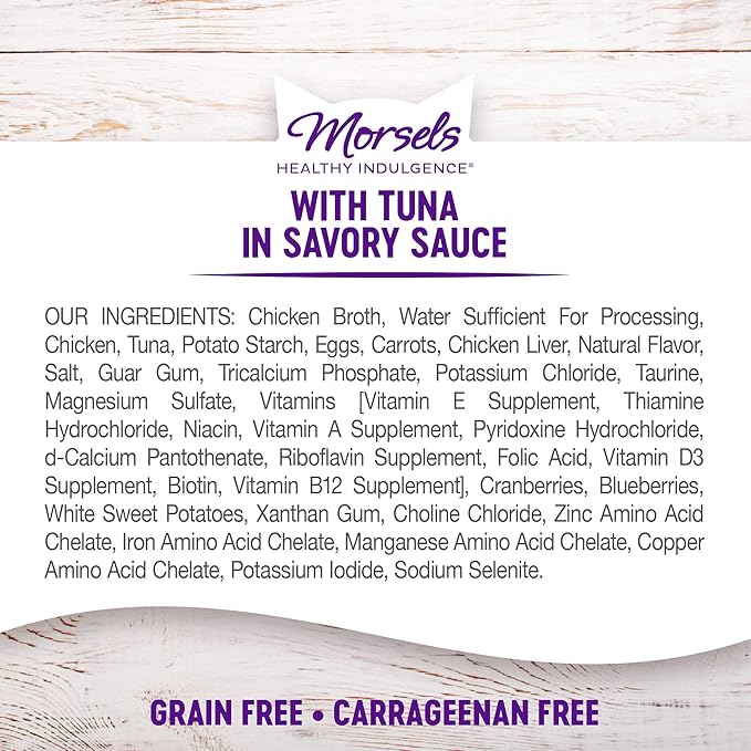 Wellness Healthy Indulgence Morsels Grain-Free Wet Cat Food, Made with Natural Ingredients and Proteins, Complete and Balanced Meal, 3 oz Pouches (Tuna in Savory Sauce, 24 Pack)