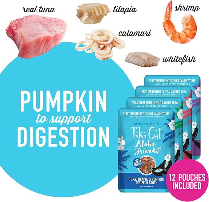 Tiki Cat Aloha Friends Variety Pack, Seafood Flavors with Pumpkin, Wet, High-Protein & High-Moisture Cat Food, For All Life Stages, 3 oz. Pouch (Case of 12)