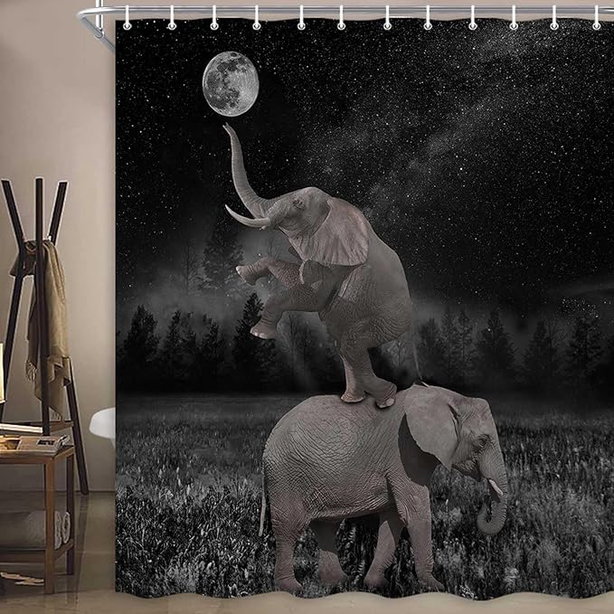 Boziqr Funny Shower Curtains for Bathroom, Cute Elephant Moon Forest Bath Curtain, Rustic Farmhouse Decor Polyester Fabric Fun Cool Animals Black 70 x 84 Inches