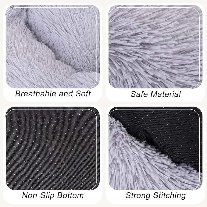 Calming Dog Bed, Dog Beds Fits up to 15 lbs Pets, Fluffy Donut Dog & Cat Bed Washable, Round Anti Anxiety Dog Bed, Small Dog Bed with Non-Slip Bottom (Light Grey, 20" x 20")