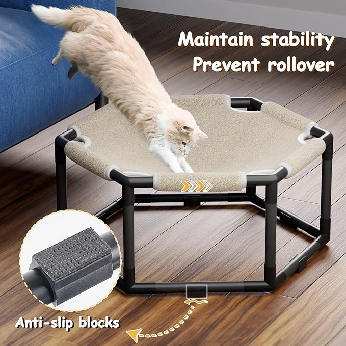 Tresbro Cat Bed, Hexagon Warm Elevated Cat Bed with Thick Teddy Velvet & Anti-Slip Pads, Raised Cat Hammock Bed for Indoor and Outdoor Use, 20.5'' x 18'' x 9.4'' Cat Hammock for Medium to Small Cats