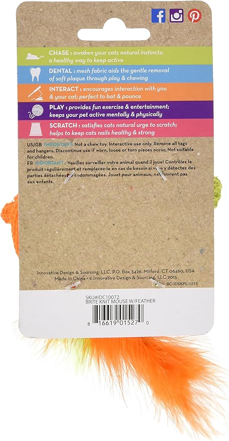 Boss Pet Chomper Kylie's Brites 2-Piece Knit Mouse Toy with Feather for Pets, Assorted Colors