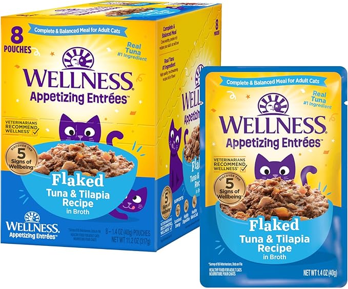 Wellness® Appetizing Entrées™ Flaked Tuna & Tilapia Recipe in Broth Natural Wet Cat Food, 1.4 oz Pouch (Pack of 8)