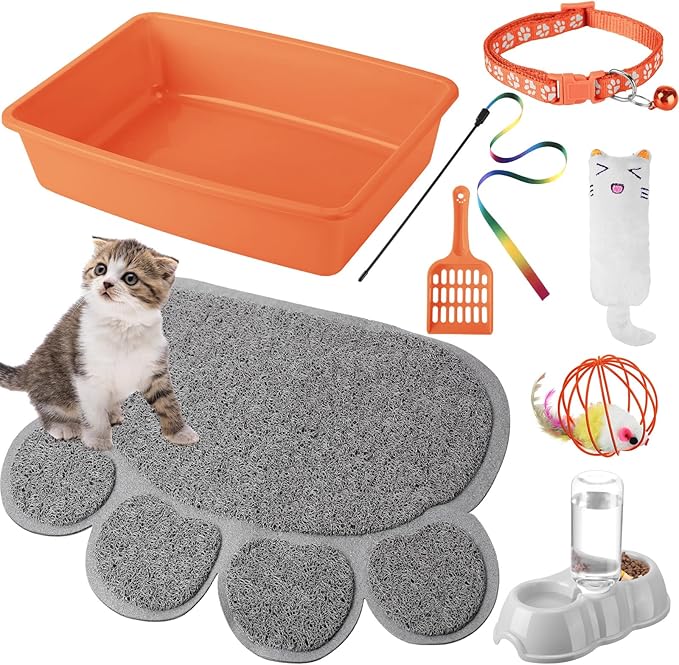 7 Pcs Small Cat Kitten Starter Kit Cat Litter Box with Shovel Cat Paw Litter Mat Double Automatic Cat Bowls Cat Toy Teaser Stick Cat Collar Essentials Kits for 1-3 Lbs Beginner (Orange,Simple)