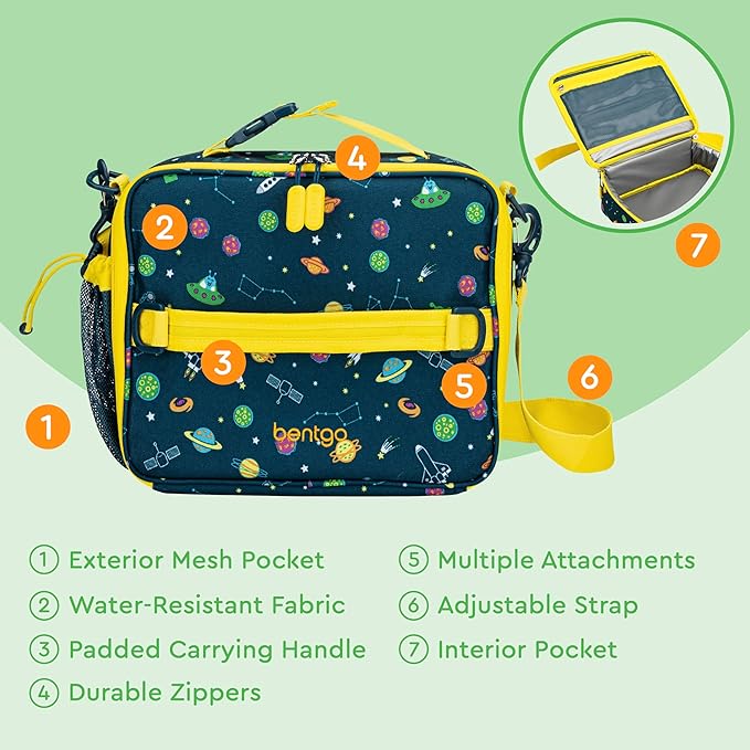 Bentgo Kids Lunch Bag - Durable, Double-Insulated Lunch Bag for Kids 3+; Holds Lunch Box, Water Bottle, & Snacks; Easy-Clean Water-Resistant Fabric & Multiple Zippered Pockets (Space)