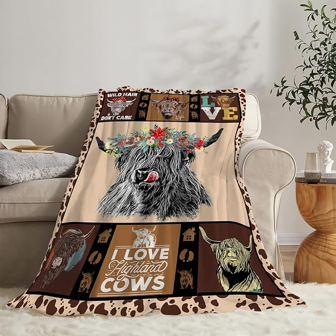 Highland Cow Throw Blanket Gifts for Women Adults Print Ultra Soft Cozy Plush Fleece Warm Lightweight Living Room Decor 40''X50''