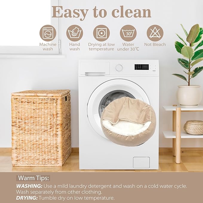 Dog Bed Warm with Hooded Blanket, Anti-Anxiety Puppy Pet Bed Cave Super Soft, Non-Slip Bottom, Machine Washable, Cozy Donut Indoor Pet Beds Fluffy for Dogs and Cats, Fits up to 26.5lbs, 23.6inch Beige