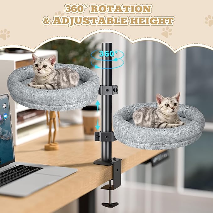 Cat Desk Bed, Desk Cat Nest Bed Round Cat Beds for Desk Indoor Cats up to 40 lbs, Comfortable Soft Pet Bed for Kitten, Cat Hammock for Desk 360° Rotation & Adjustable Height(Grey)