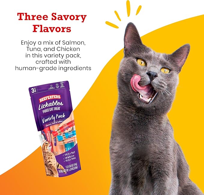 Beefeaters Cat Treats - Variety Pack Lickable Puree 1.59oz, Case of 12 | Cat Food Salmon, Tuna, Chicken | Grain-Free, Taurine-Enriched | Training Treats - Interactive Feeding | Wet/Dry Food