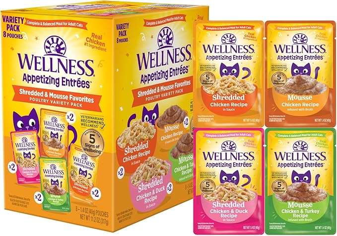 Wellness® Appetizing Entrées™ Shredded & Mousse Favorites, Poultry Variety Pack, Natural Wet Cat Food, 1.4 oz Pouch (Pack of 8)