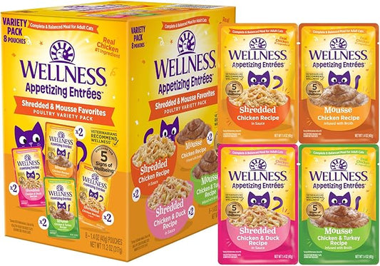 Wellness® Appetizing Entrées™ Shredded & Mousse Favorites, Poultry Variety Pack, Natural Wet Cat Food, 1.4 oz Pouch (Pack of 8)