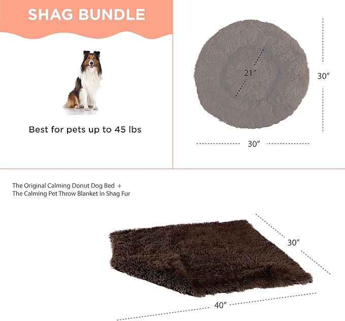 Best Friends by Sheri Bundle Set The Original Calming Shag Donut Cuddler Cat and Dog Bed + Pet Throw Blanket Dark Chocolate Medium 30" x 30"