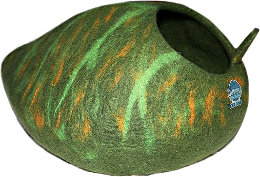 Felt Cat Cave Bed, Handmade Covered Cat Bed Cave, Wooly Cave for Cats, Dome Shaped Cat Pod, Cat Beds & Furniture, Felt Cat Beds for Indoor Cats (Dark and Light Green Pattern)