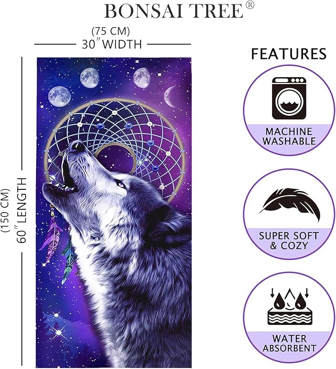 Bonsai Tree Wolf Beach Towel, Cool Dream Catcher Microfiber Bath Towel Gifts for Boys Kids, Funny Blue Purple Galaxy Space Animals Sand Free Quick Dry Travel Towels for Mens Pool Sports 30" x 60"