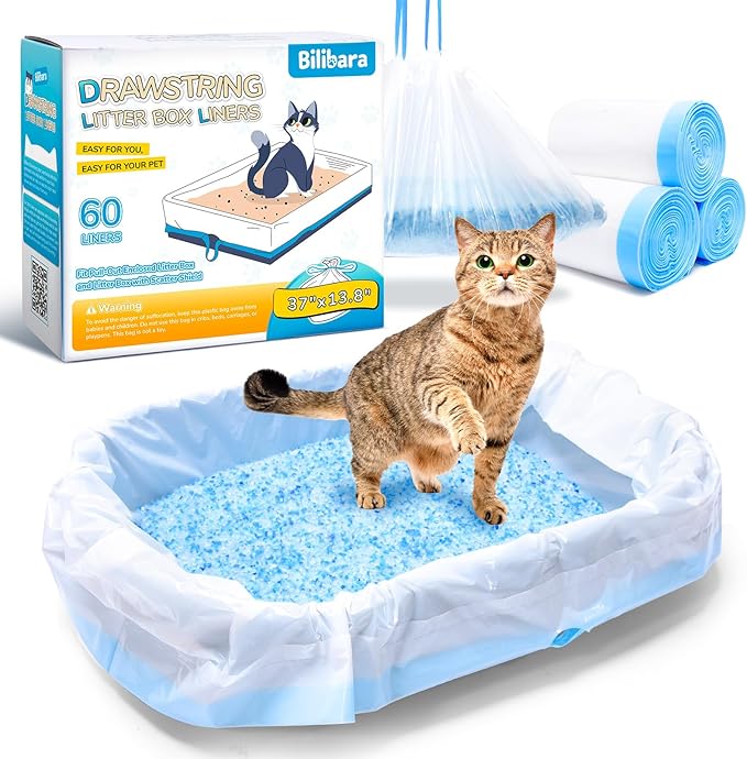60 Count Drawstring Litter Box Liners for Scoopfree Cat Litter Tray Pan Refills, 37'' W x 13.8'' H, Durable Pet Kitten Replacement Waste Bags for Stainless Enclosure Closed Litter Box