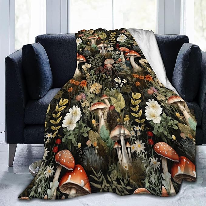Mushroom Blanket Gifts Floral Weed Flannel Throw Blankets for Home Decor Couch Bed Sofa Soft Fuzzy Lightweight for All Season 60x50 Inches