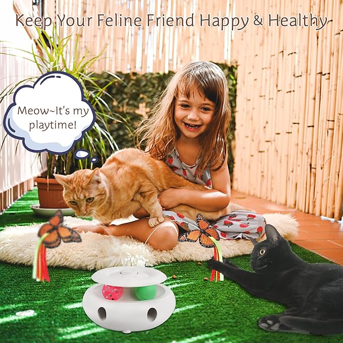 VTSGN 3-in-1 Cat Toy: Interactive Fun with Fluttering Butterfly, Ambush Feather, and Track Balls. USB Powered for Indoor Exercise (Bright White)