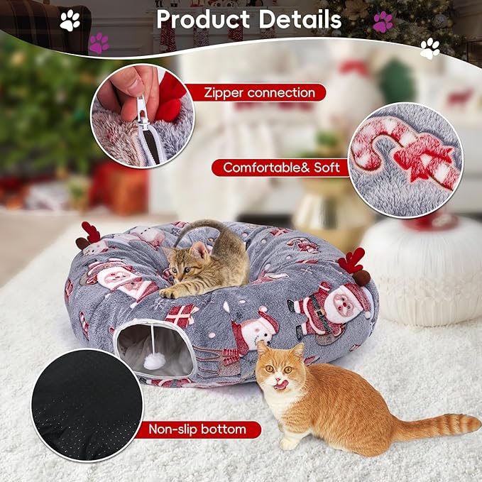 Christmas Cat Tunnel Bed, Under Christmas Tree Cat Tunnel with Washable Cushion, Cute Plush Christmas Cat Tunnel Tree Skirt with Dangling Balls, Cat Play Tunnel Toy Snowman Xmas Pattern Decorations