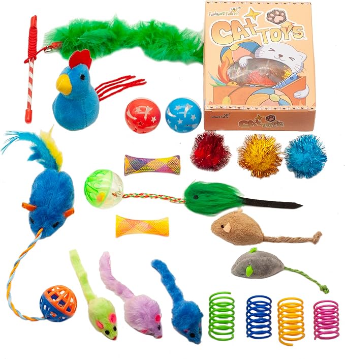 Fashion's Talk Cat Toys, Kitty Variety Pack for Kitten Cats, 20 Count Plush, Teaser & Ball Catnip Mice Cat Spring
