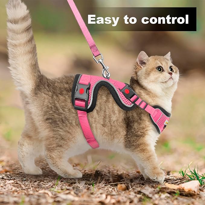 Cat Harness and Leash for Walking, Retractable Cat Harnesses and Leash Set Escape Proof, Breathable Soft Kitten Harness Small Large Cat Harness for Travel Training and Walking, Pink, XXS