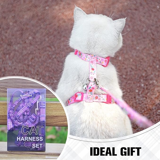 BEAUTYZOO Cat Harness and Leash Set Escape Proof for Walking, Kitten Soft Adjustable Vest Harnesses for Small Medium Large Cats, Easy Control Breathable Plaid Ribbon Nylon for Outdoor Indoor Use