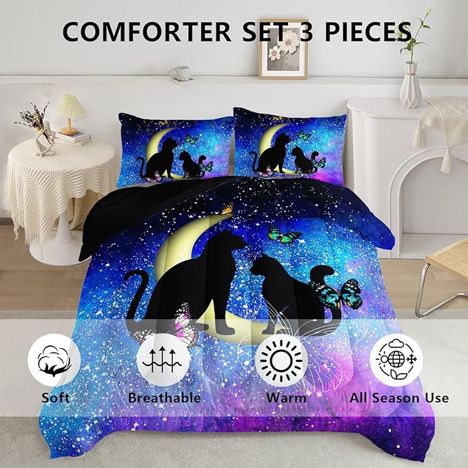 Black Cat Bedding Cartoon Cat Comforter Set Full,Butterflies Moon Printed Kids Bedding Set for Kids Boys Girls Adults Teens,Kids Comforter Set All Season,1 Quilt 2 Pillow Cases,Blue