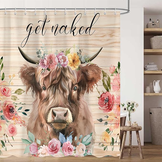 Highland Cow Shower Curtain, Get Naked Funny Animal Flower Bathroom Curtain, Floral Shower Curtain Set Polyester Waterproof Bath Curtian Accessory Set 12 Hooks 72x72 inch