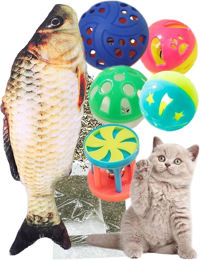 Cat Toy Gift Set - 5 Colorful Bell Balls + Fish-Shaped Catnip Toy, Perfect for Interactive Play, Anxiety Relief, Digestion Aid, Exercise, for All Cats