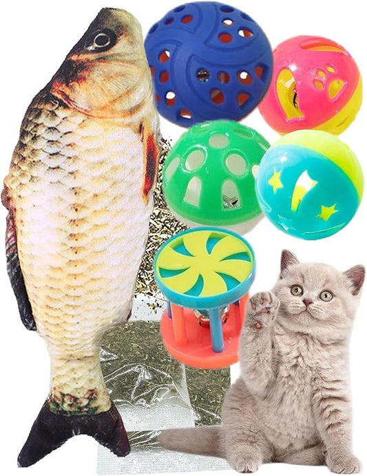 Cat Toy Gift Set - 5 Colorful Bell Balls + Fish-Shaped Catnip Toy, Perfect for Interactive Play, Anxiety Relief, Digestion Aid, Exercise, for All Cats