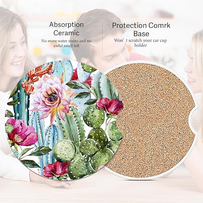 Cactus Pink Roses Flowers Car Coasters for Cup Holders, Car Accessories, 2 Pack Absorbent Ceramic Car Cup Holder Coasters for Drinks, for Women Men, Universal Non-Slip with Finger Notch