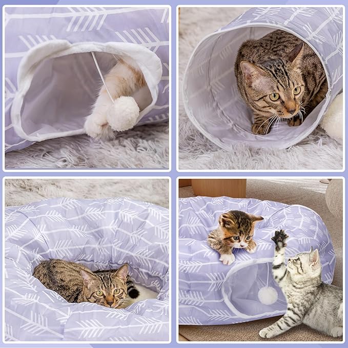Nobleza Cat Tunnel Bed, Collapsible Washable Cat Tube Tent Toy for Indoor Play Rest, Lightweight Ventilate Cool Kitty Tube Toy Round Donut Tunnel with Detachable Cushion Hanging Balls