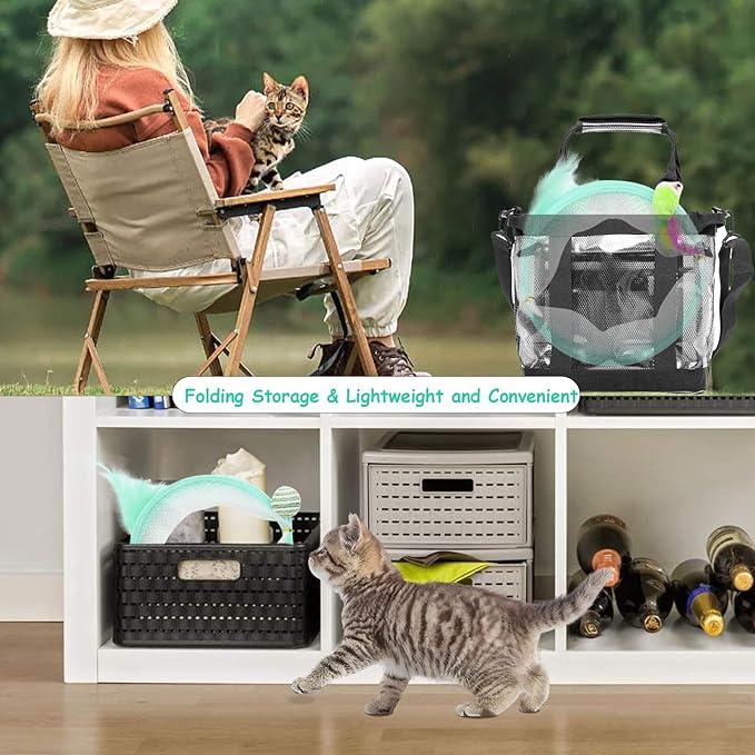 2 Packs Folded Cats Tunnel Spring Toy, Kitten for Indoor Cats Collapsible Cute Tunnel Foldable Pet Played Bed Interactive Toy with Feather Mouse Hemp Ball Green Elastic Tubes Attract Cat