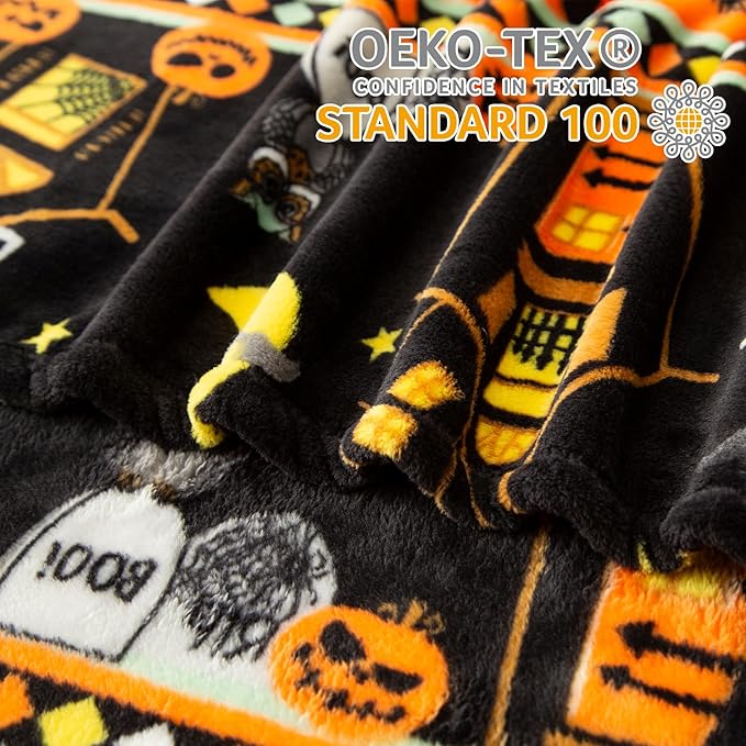 Ghost Halloween Blanket 50” x 70” Reversible Castle Gravestone Pumpkin Print Fleece Throw Blanket, 320 GSM Surper Soft Warm Cozy Blanket for Couch Sofa, Halloween Harvest Gifts and Orange Home Decor