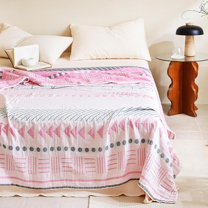 MEJU Pink Boho Geometric Retro Southwest Muslin All Season Blanket for Bed Sofa Couch 100% Combed Cotton 3 Layer Soft Cozy Quilt Throw Blanket Bed Coverlet Sheet Twin 60 in x 80 in