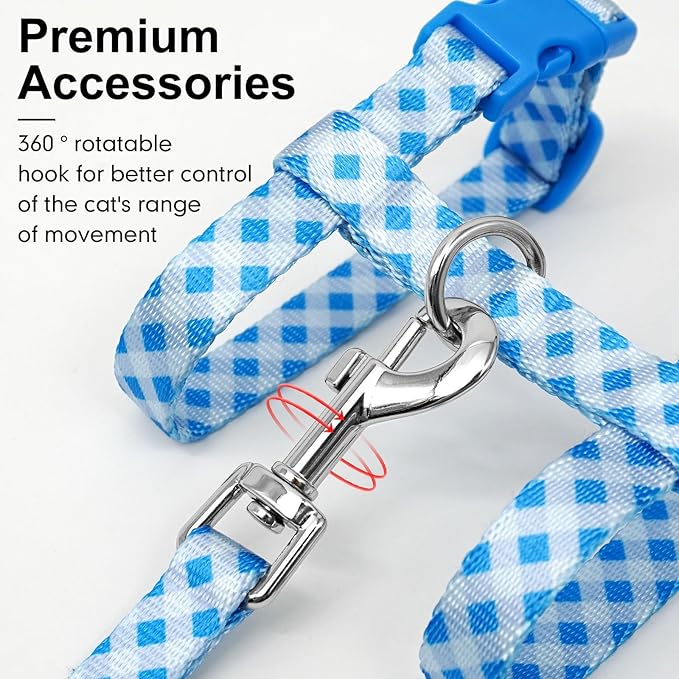 azuza Cat Harness and Leash Set for Safe Walking and Travel, Escape Proof Cat Harness, Lightweight Soft and Comfortable, Adjustable Kitten Harness for Small Medium Large Cats, Blue Plaid