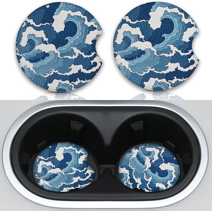 2pcs Car Cup Holder Coasters Sea Wave Pattern Car Coasters，Universal Auto Anti Slip Coasters,Rubber Car Coasters with A Finger Groove, Cute Car Accessories for Women&Men