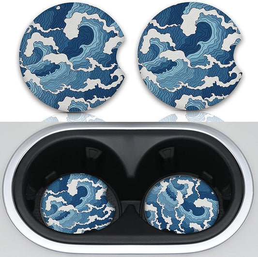 2pcs Car Cup Holder Coasters Sea Wave Pattern Car Coasters，Universal Auto Anti Slip Coasters,Rubber Car Coasters with A Finger Groove, Cute Car Accessories for Women&Men