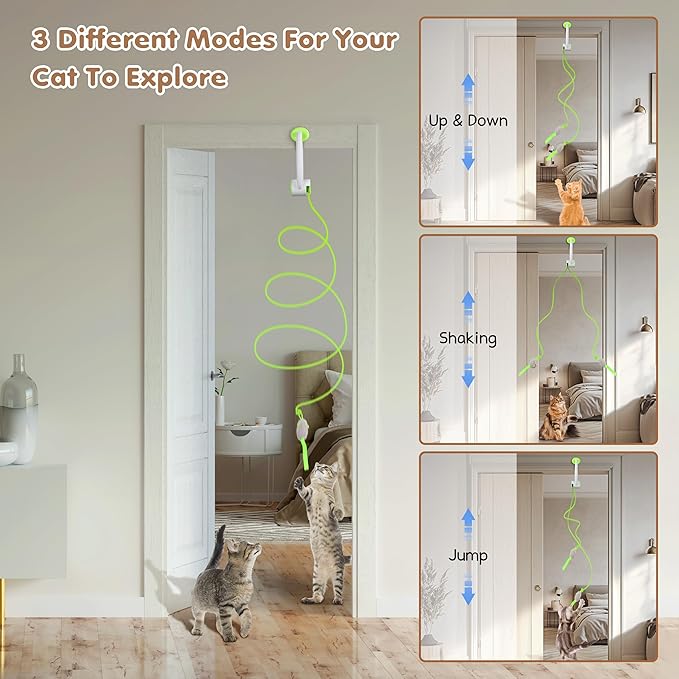 Cat Toys, Interactive Cat Feather Toys for Indoor Cats, Hanging Retractable Teaser Toy Kitten Play Chase Exercise, Automatic Kitten Mental Exercise Toys with Three Mices Plush Toys (Green)