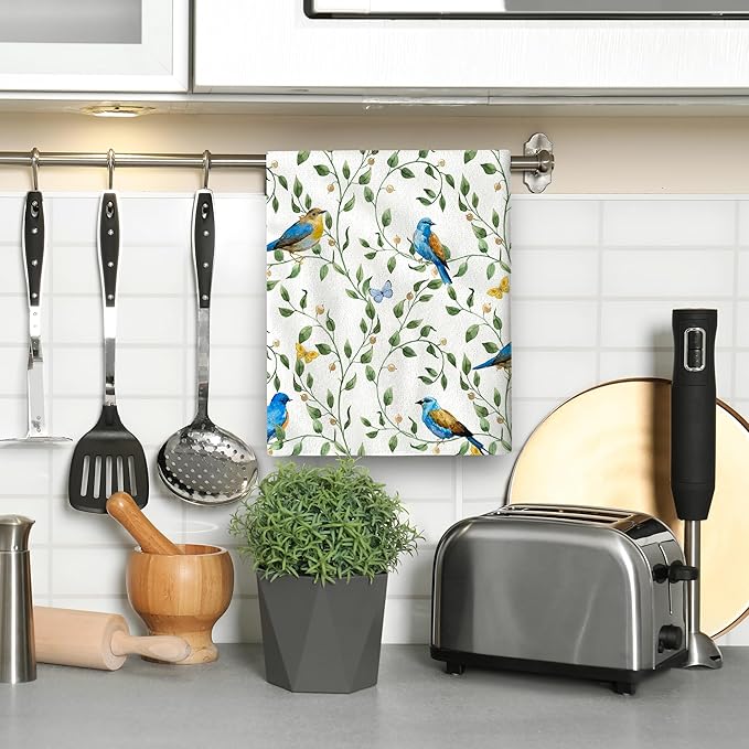 Blue Birds Kitchen Towels Sets of 2, Cute Botanic Absorbent Decorative Dish Towels Tea Towels Hand Towels for Kitchen Farmhouse Bar,Gifts for Bird Lovers,Kitchen Decor Accessories