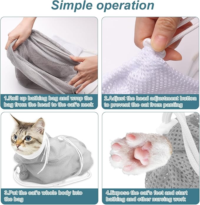 Cat Bathing Bag, Breathable Mesh Anti Scratch Adjustable Cat Grooming Bag for Nail Trimming, Bathing Polyester Soft Cat Washing Bag