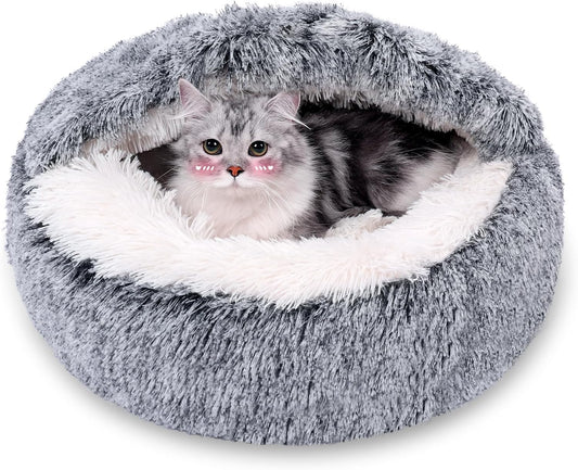 Calming Dog Beds & Cat Cave Bed with Hooded Cover,Removable Washable Round Beds for Small Medium Pets,Anti-Slip Faux Fur Fluffy Coved Bed for Improved Sleep,Fits up to 15/25 lbs(Grey,M)