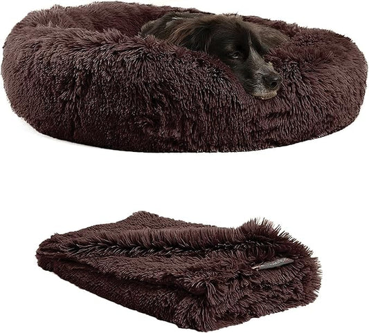 Best Friends by Sheri Bundle Set The Original Calming Shag Donut Cuddler Cat and Dog Bed + Pet Throw Blanket Dark Chocolate Medium 30" x 30"