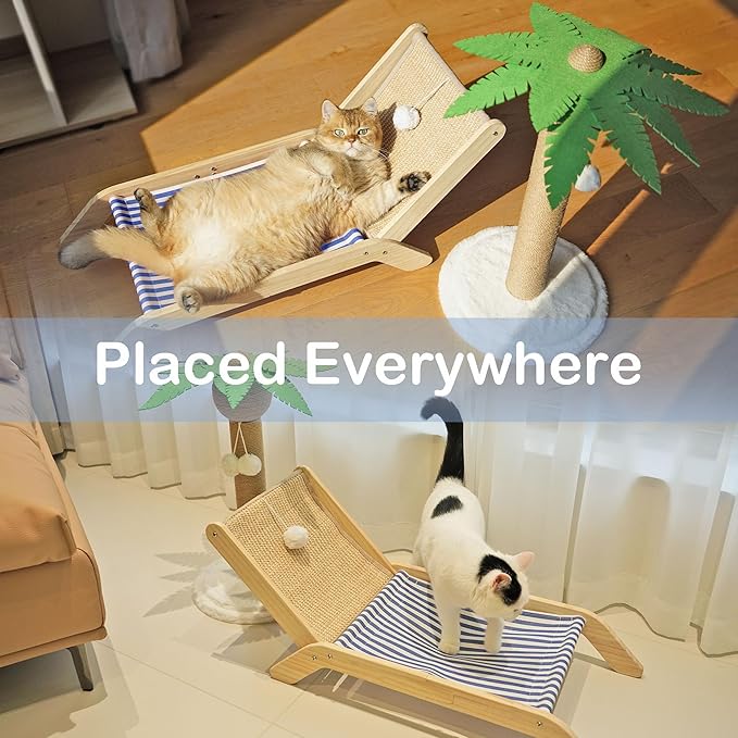 Beach Chair Cat Hammock, Cat Furniture, Original Cozy Cat Lounger with Sisal Scratcher and Toy Ball, Elevated Cat Beds for Indoor Cats (Blue)