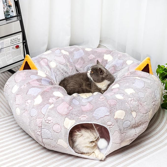 Large Cat Tunnel Bed for Indoor Cats - Soft Plush Peekaboo Cat Cave Donut Tunnel for Small Medium Large Cats, Kittens, Rabbit, Puppy