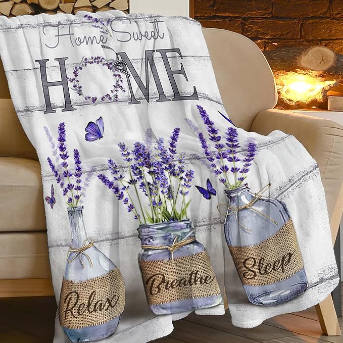 Farmhouse Floral Blanket for Women Girls Ultra Soft Cozy Lavender Flower Throw Blanket Fleece Fuzzy Plush Bedding Blanket Purple Flower Gifts for Women Girls Kids Adults Couch Sofa 80"x60"