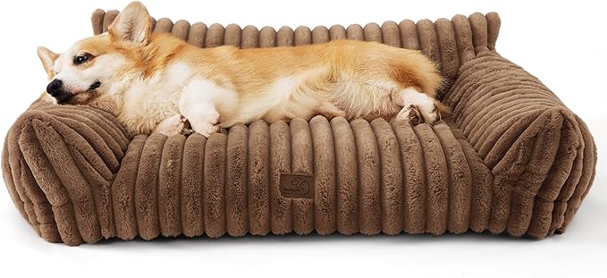 Bedsure Cute Dog Couch for Pets - Fluffy Dog Sofa with Premium Soft Corduroy Fleece, Dog Couch Bed with Washable Cover, Supportive Dog Sofa Bed for Medium Large Dogs, 36in, Copper Brown